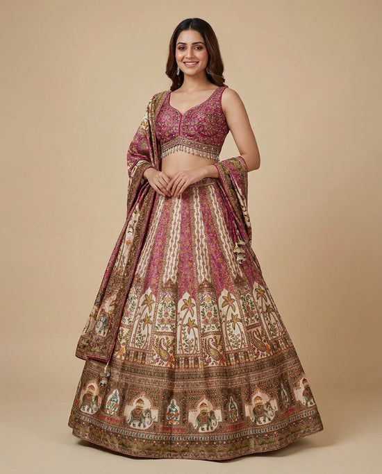 Woman wearing a traditional Indian outfit with a patterned lehenga and blouse on a beige background
