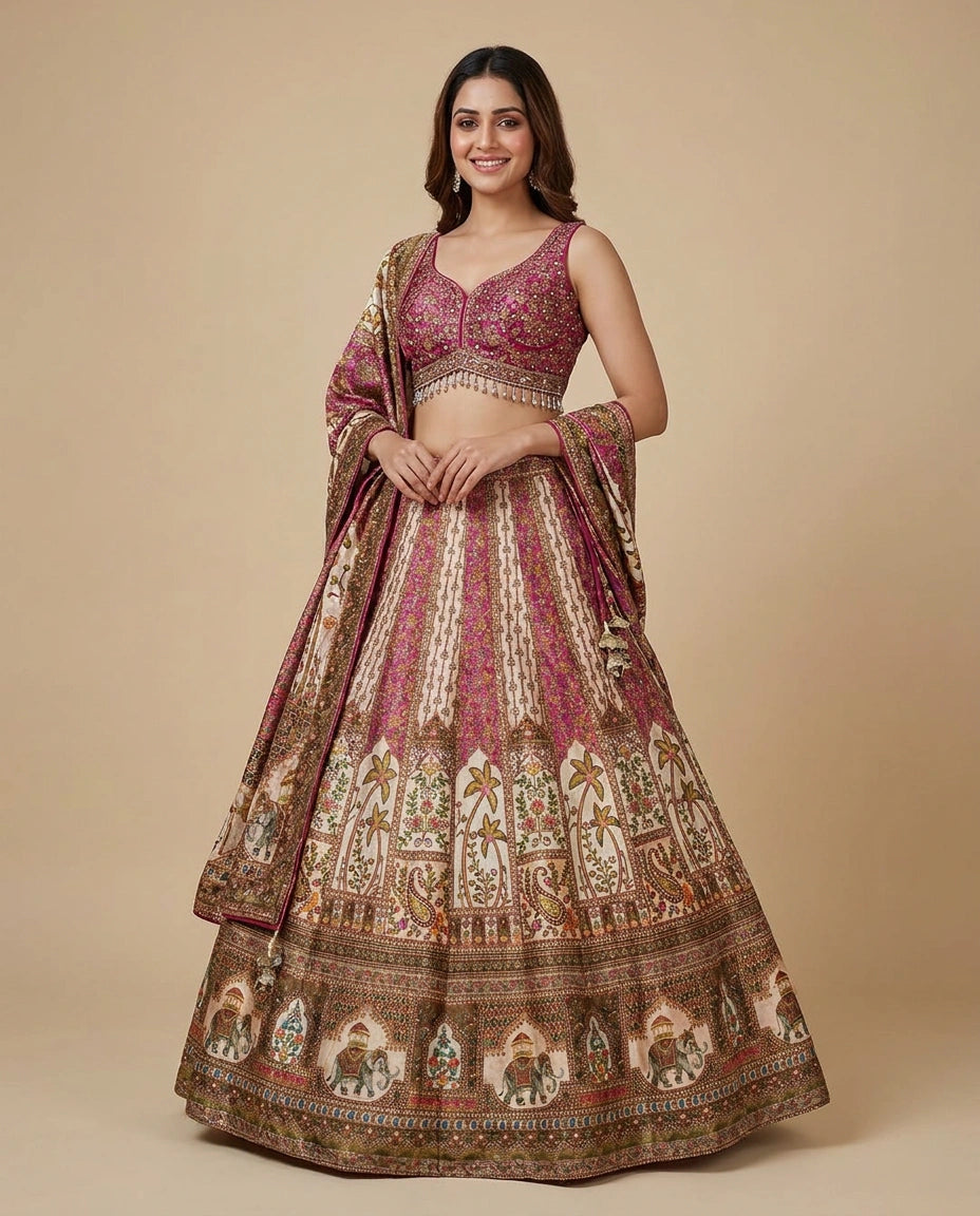 Woman wearing a traditional Indian outfit with a patterned lehenga and blouse on a beige background
