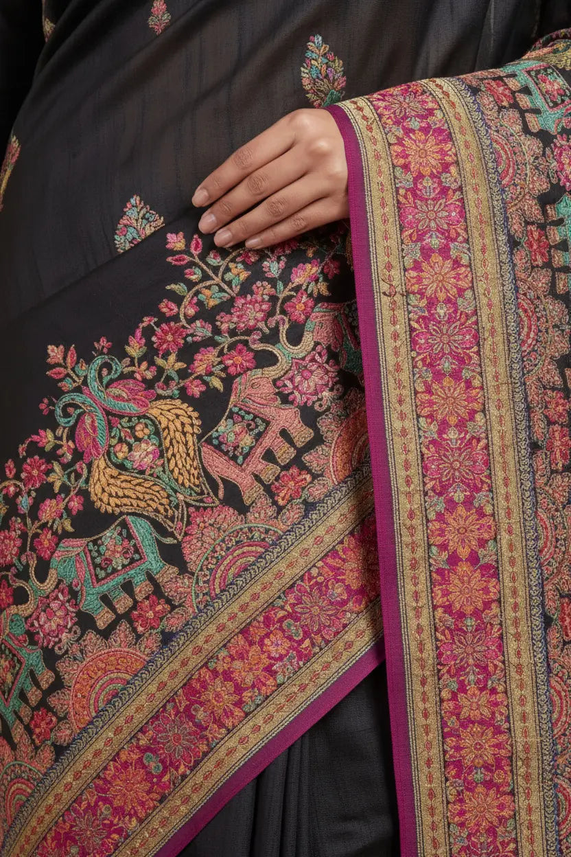 Close-up of a black fabric with intricate multicolored patterns, held by a hand.