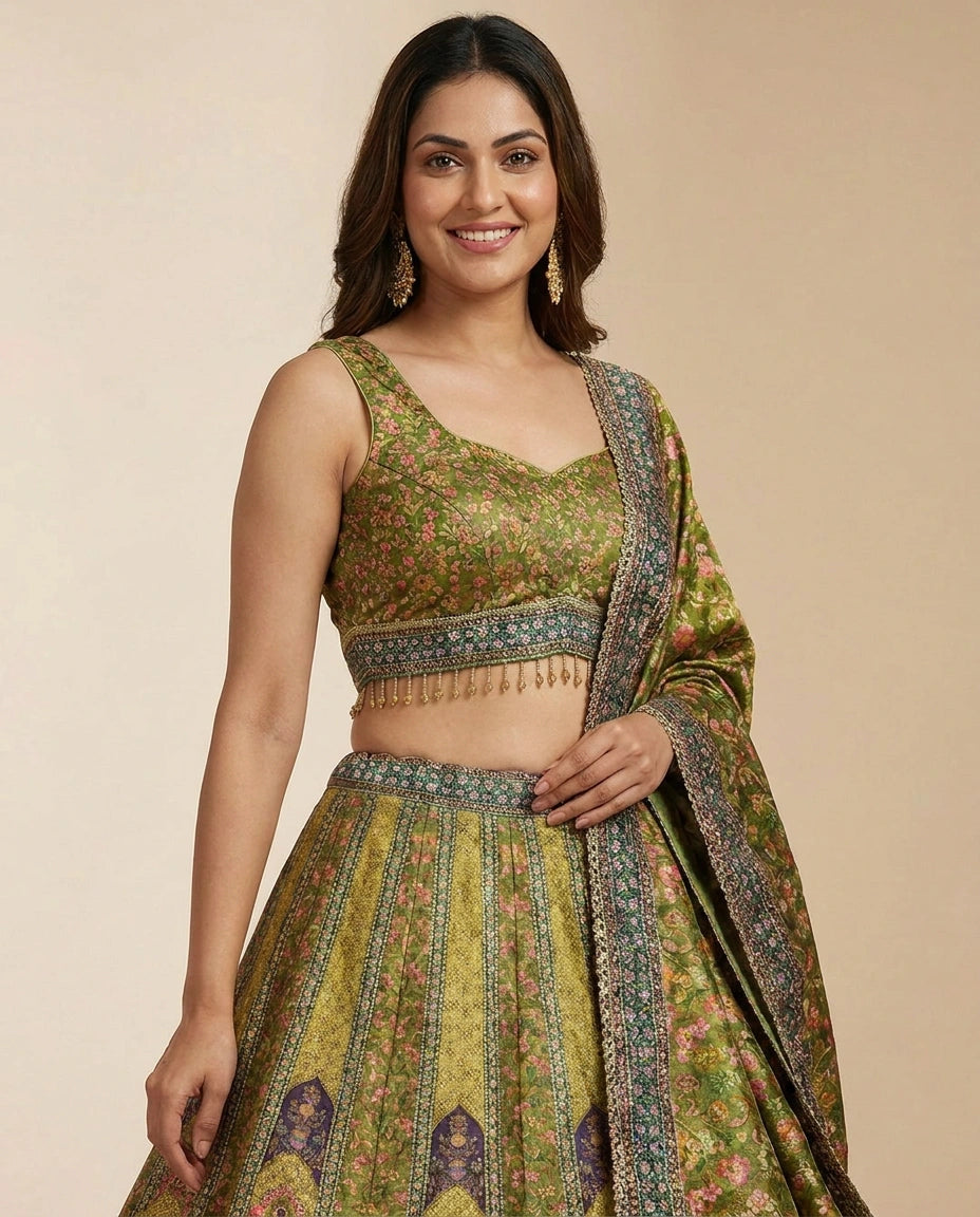 Green Raw Silk Croptop Lehenga - Rangoli India