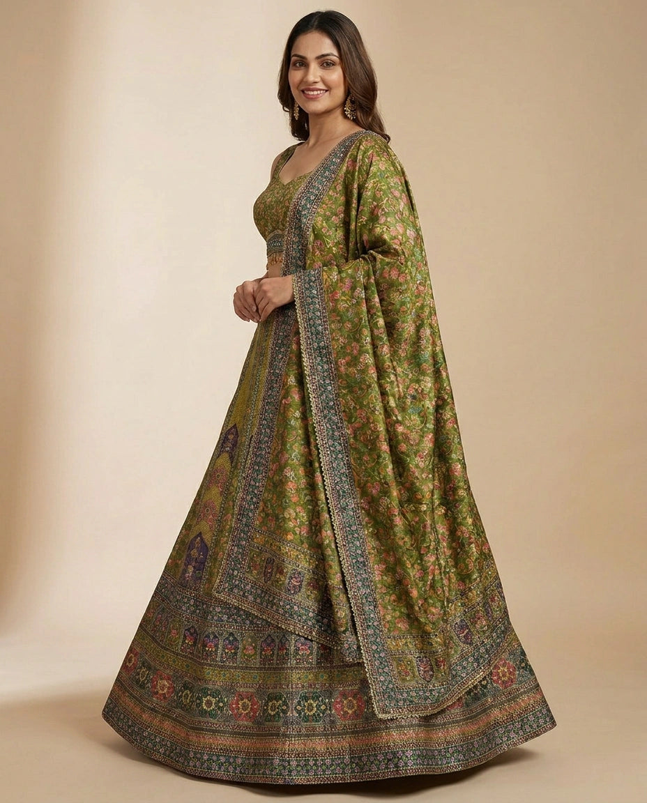 Green Raw Silk Croptop Lehenga - Rangoli India