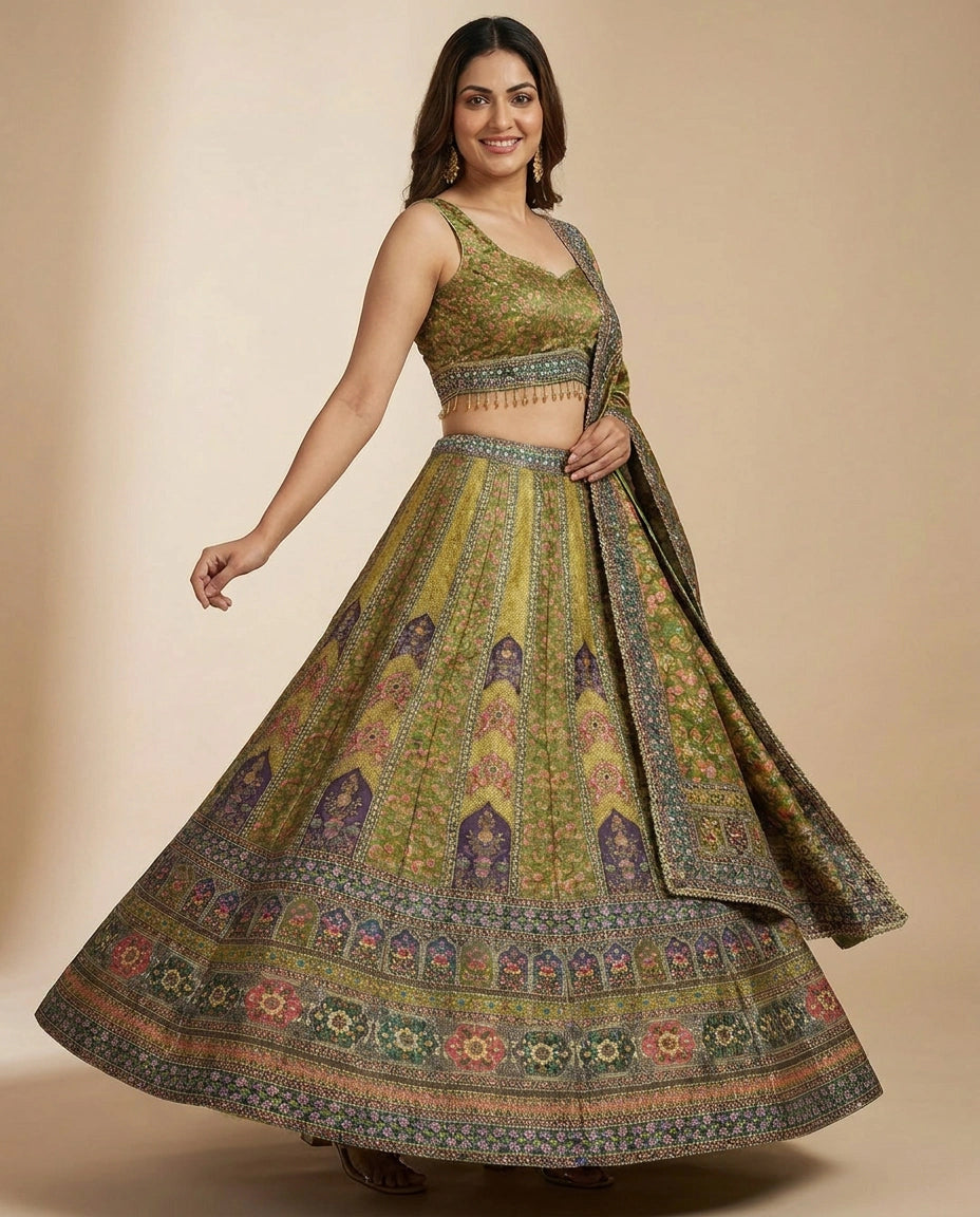 Green Raw Silk Croptop Lehenga - Rangoli India