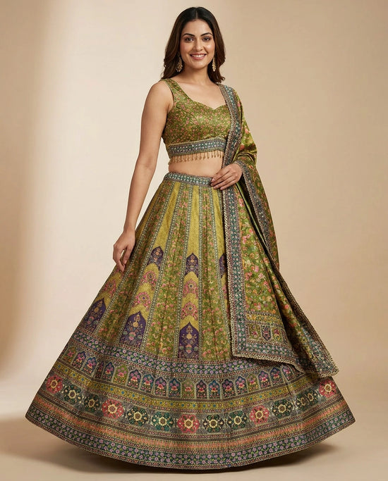 Green Raw Silk Croptop Lehenga - Rangoli India