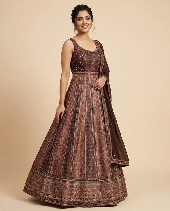 Brown Raw Silk Anarkali Gown - Rangoli India