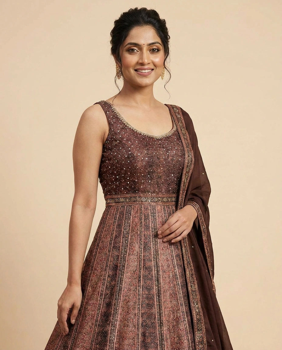 Brown Raw Silk Anarkali Gown - Rangoli India