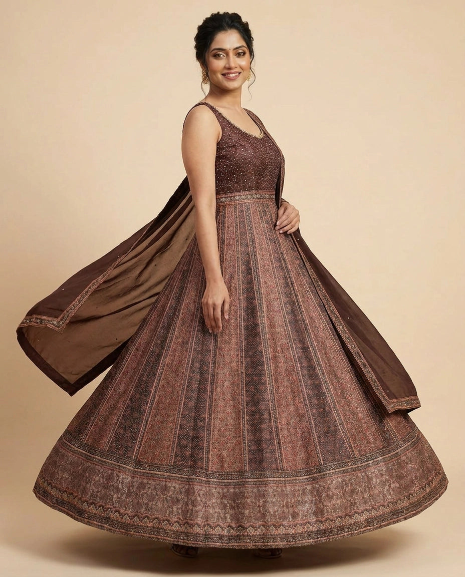 Brown Raw Silk Anarkali Gown - Rangoli India