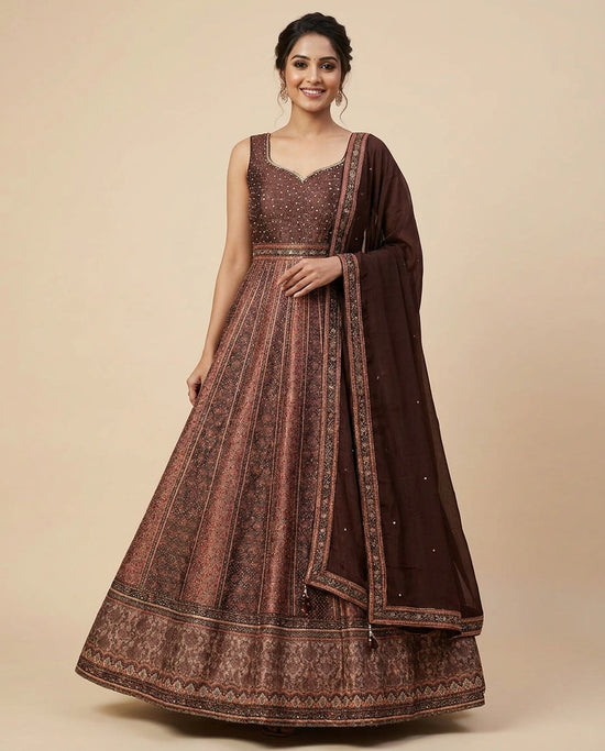 Brown Raw Silk Anarkali Gown - Rangoli India