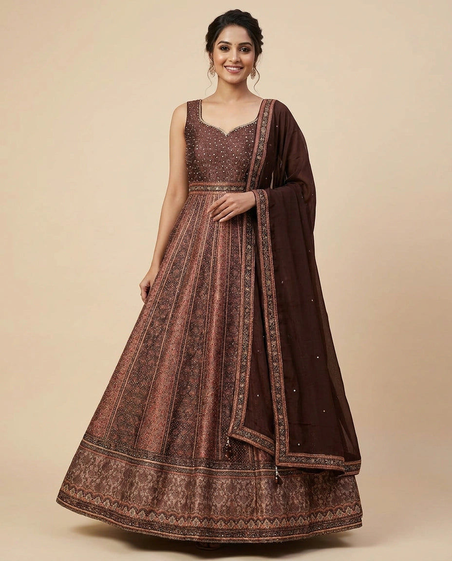 Brown Raw Silk Anarkali Gown - Rangoli India