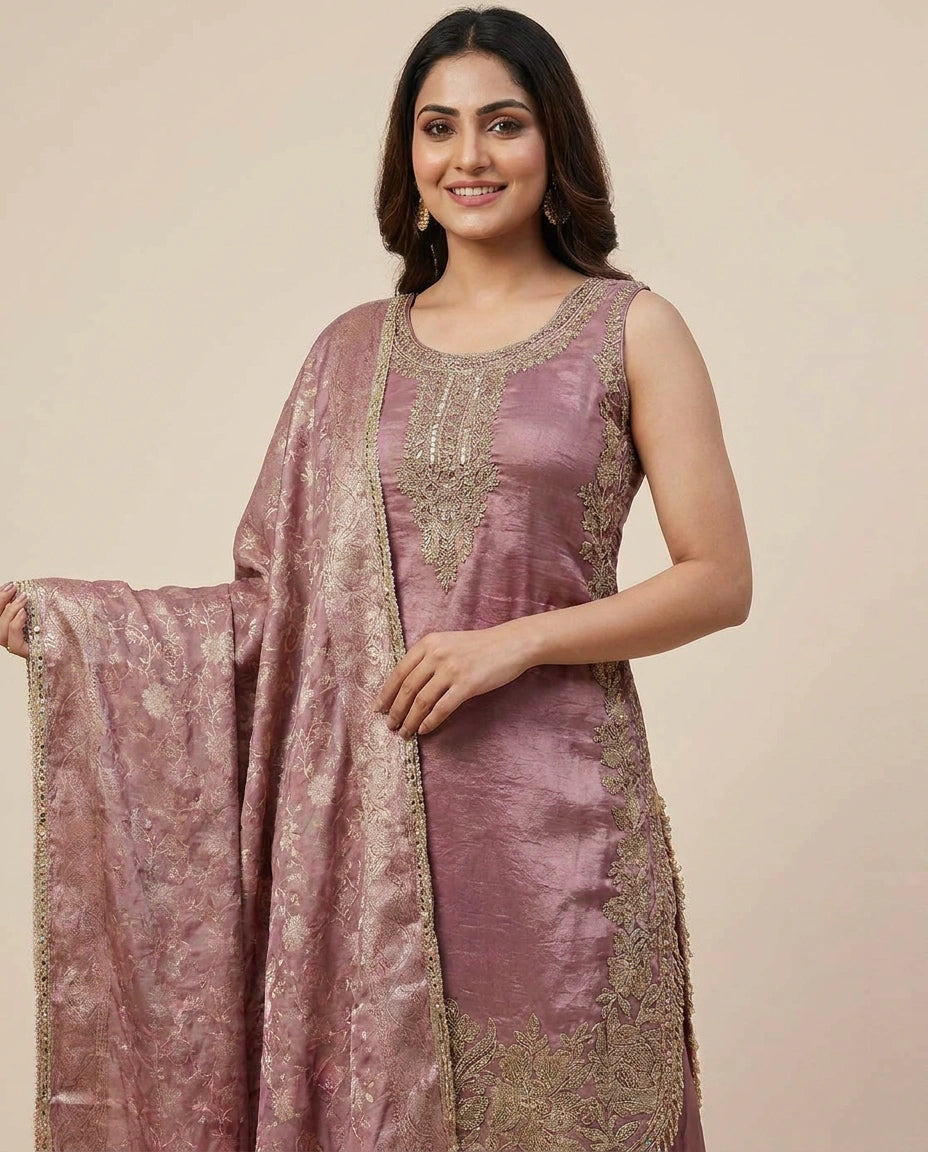 Tissue Straight Suit with Woven Border - Rangoli India