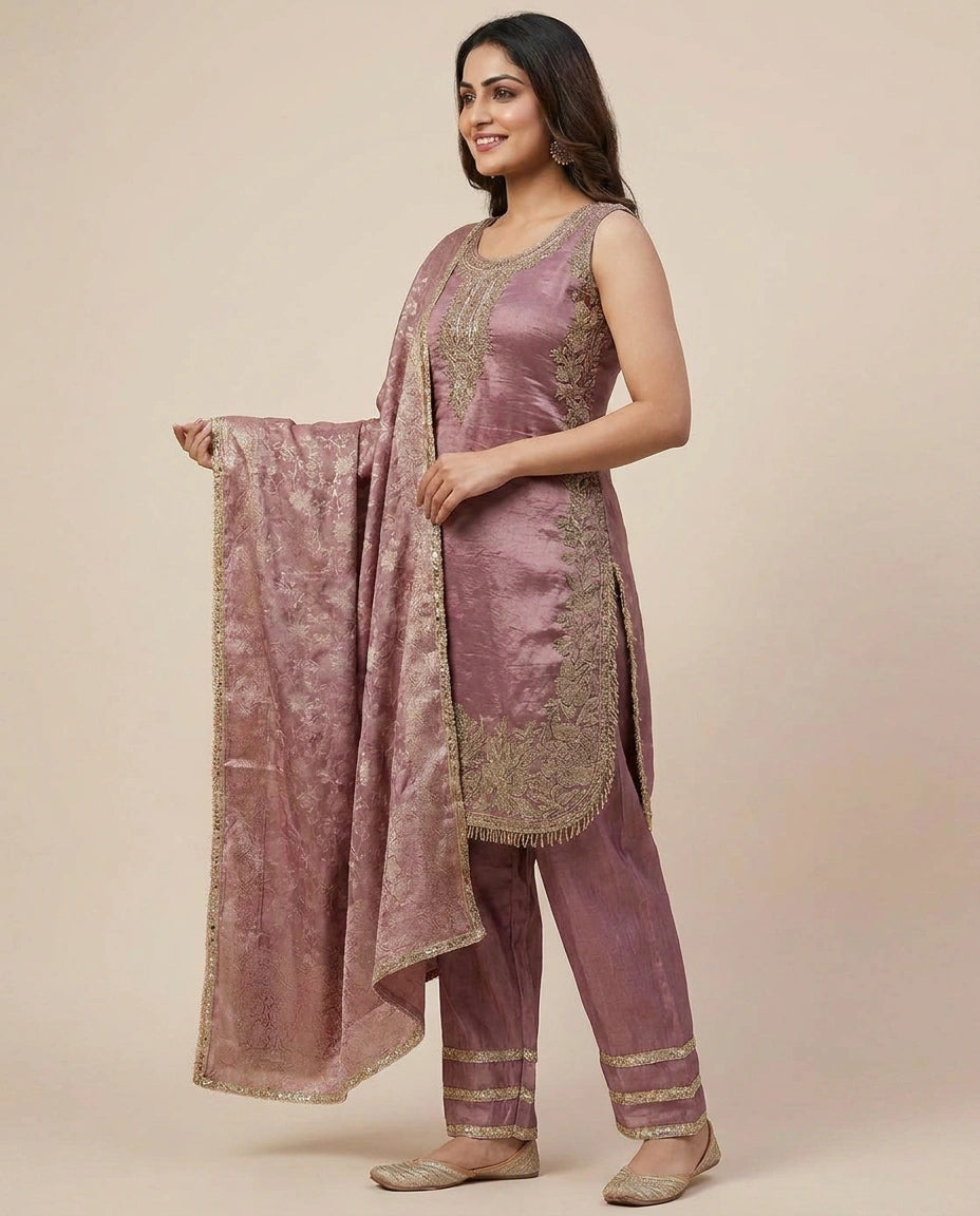 Tissue Straight Suit with Woven Border - Rangoli India