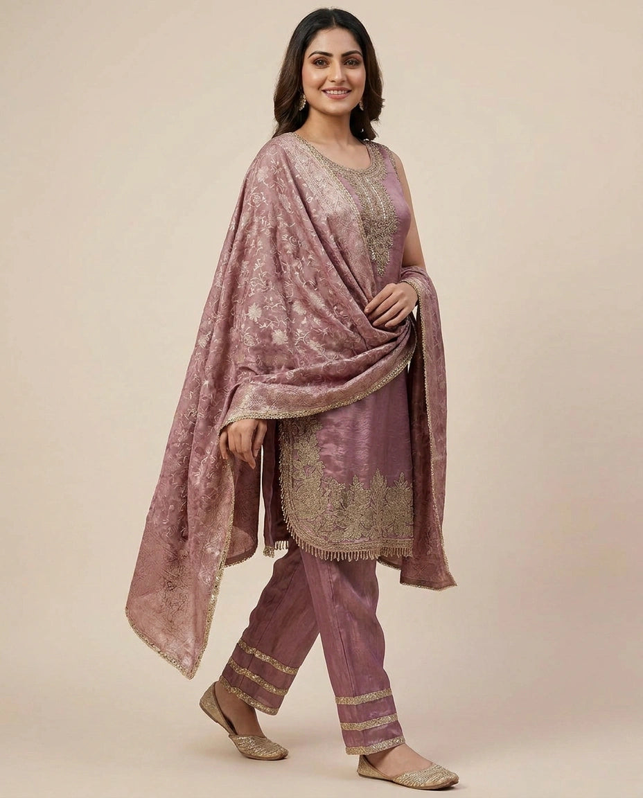 Tissue Straight Suit with Woven Border - Rangoli India