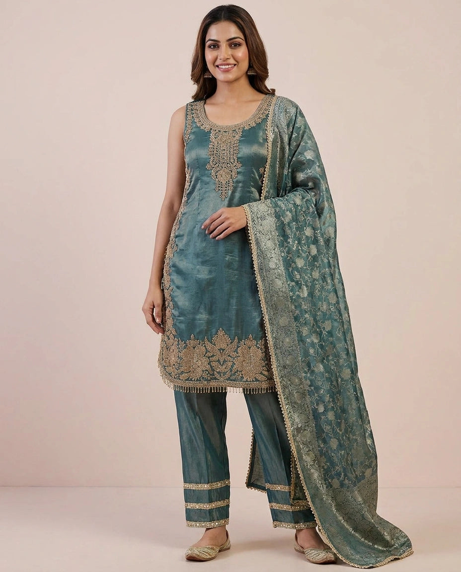 Tissue Straight Suit with Woven Border - Rangoli India