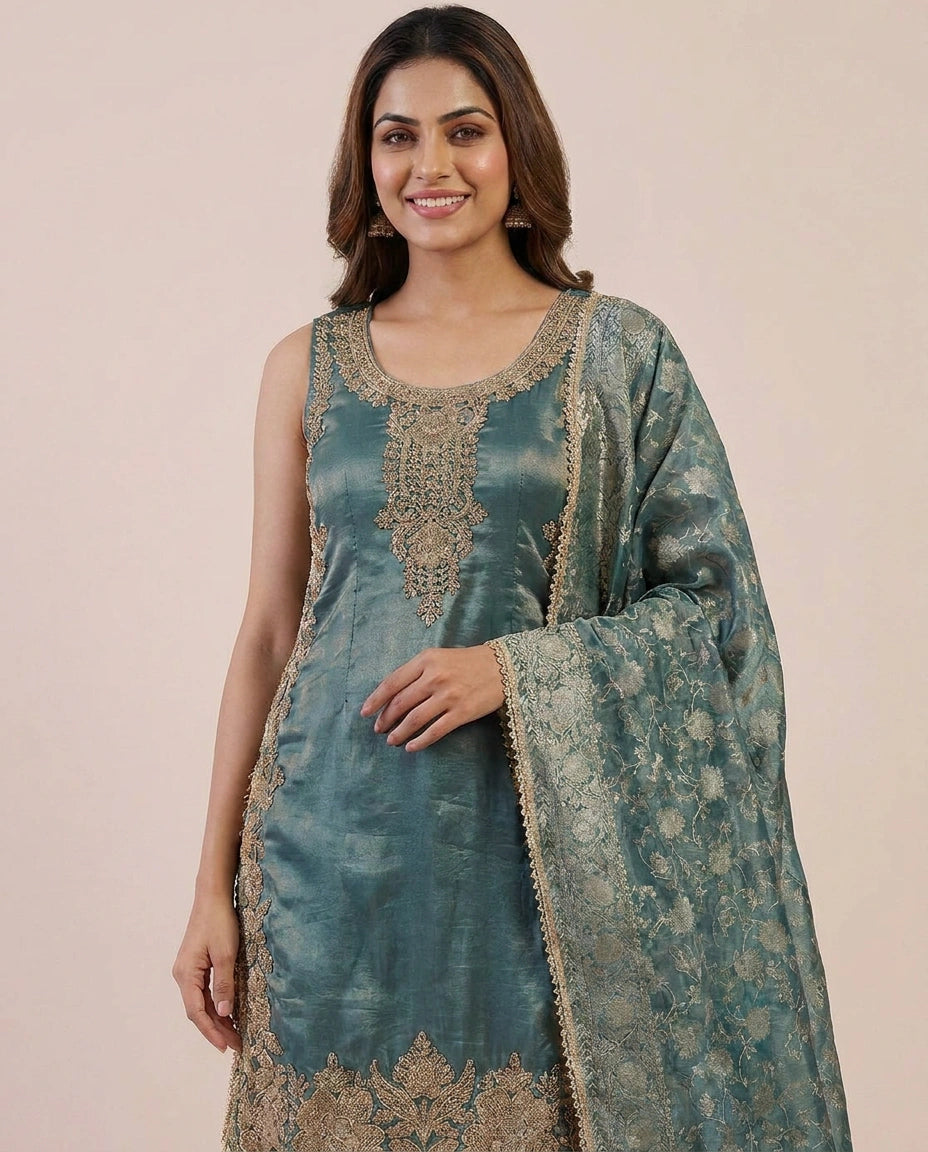 Tissue Straight Suit with Woven Border - Rangoli India