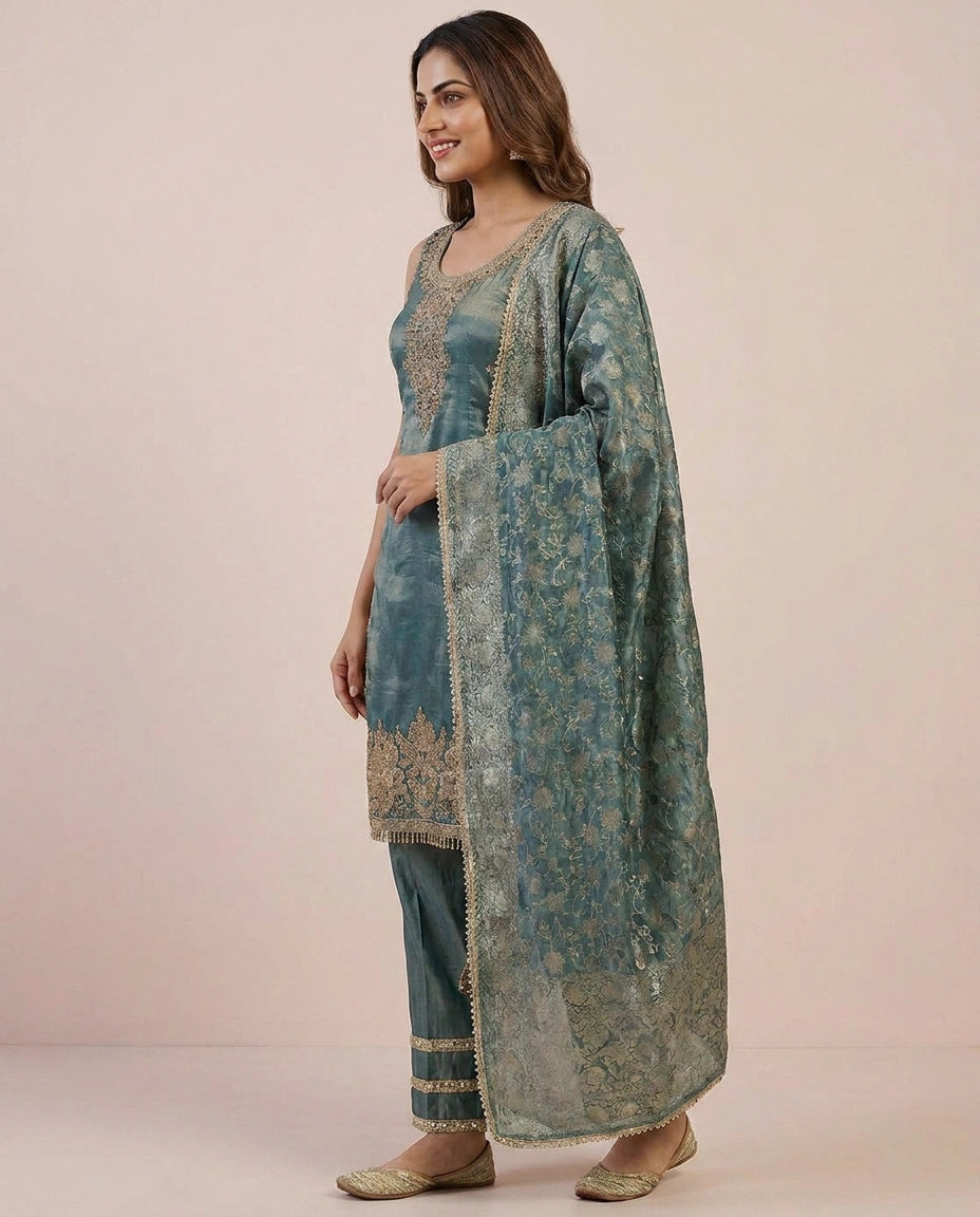 Tissue Straight Suit with Woven Border - Rangoli India