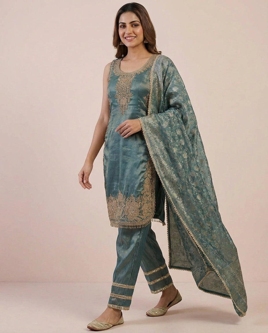 Tissue Straight Suit with Woven Border - Rangoli India