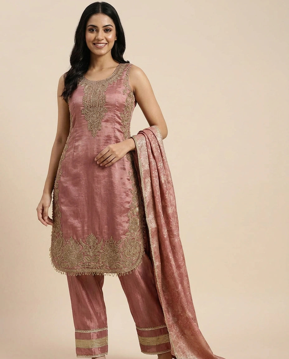 Tissue Straight Suit with Woven Border - Rangoli India