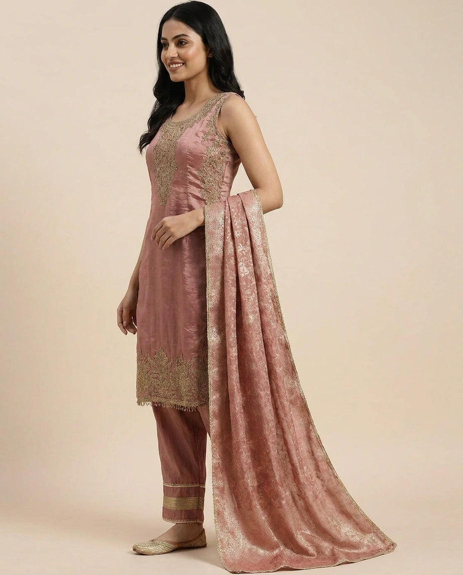 Tissue Straight Suit with Woven Border - Rangoli India