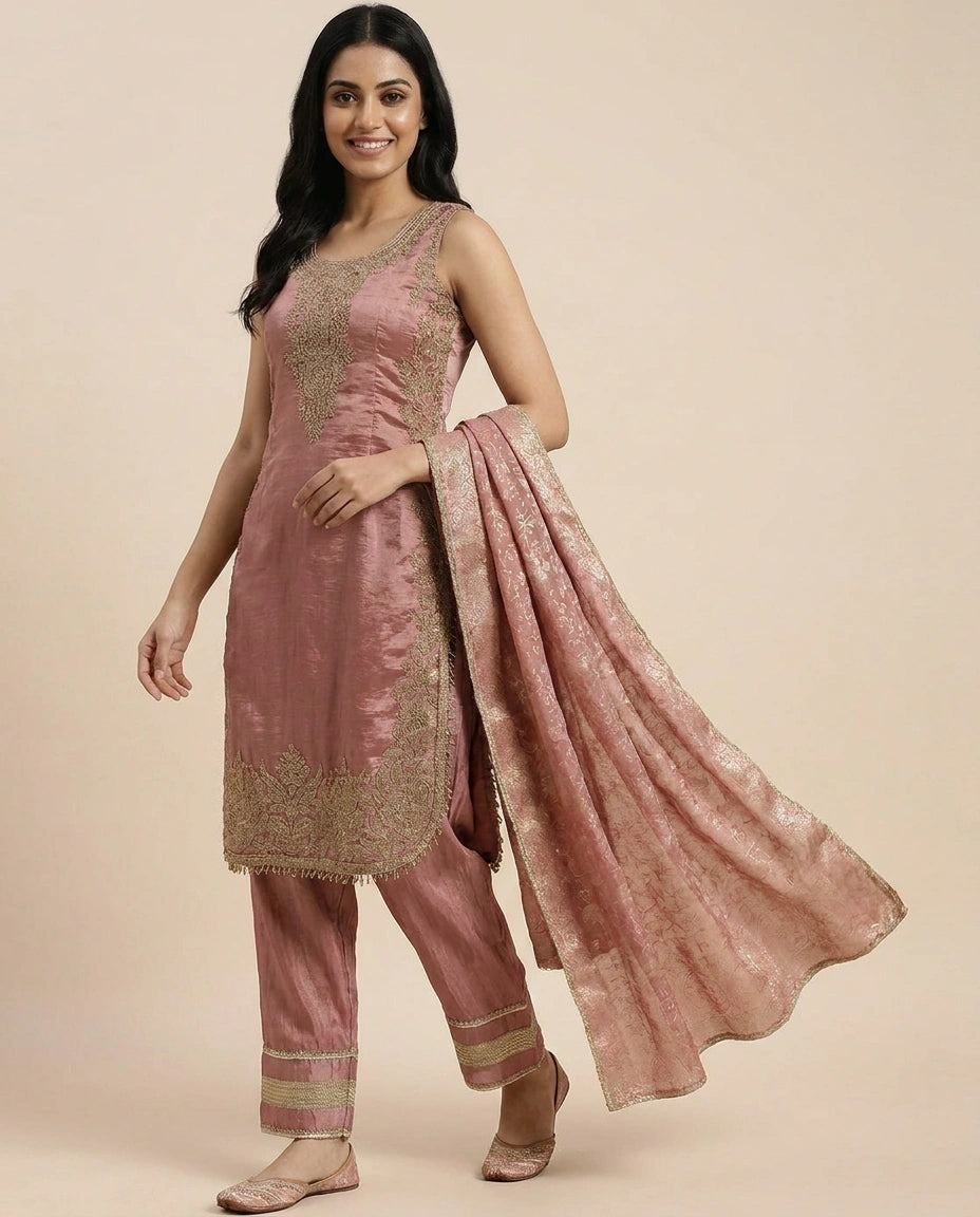 Tissue Straight Suit with Woven Border - Rangoli India