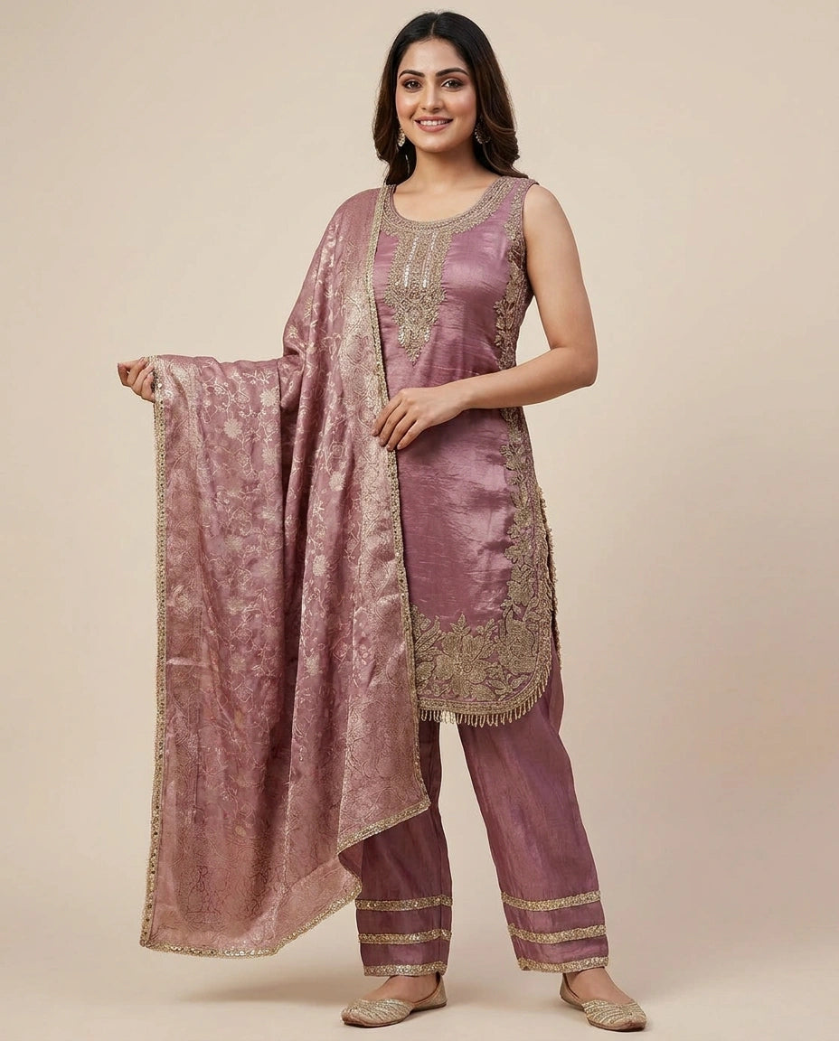 Tissue Straight Suit with Woven Border - Rangoli India