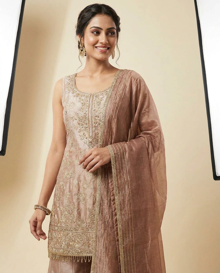 Tissue Sharara Suit with Flared Hem - Rangoli India