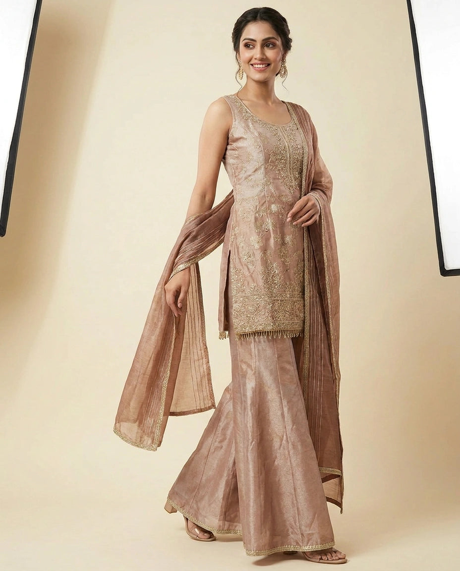 Tissue Sharara Suit with Flared Hem - Rangoli India