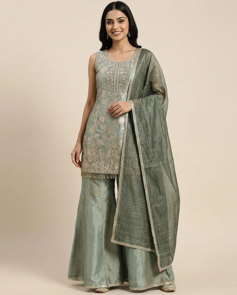Tissue Sharara Suit with Flared Hem - Rangoli India