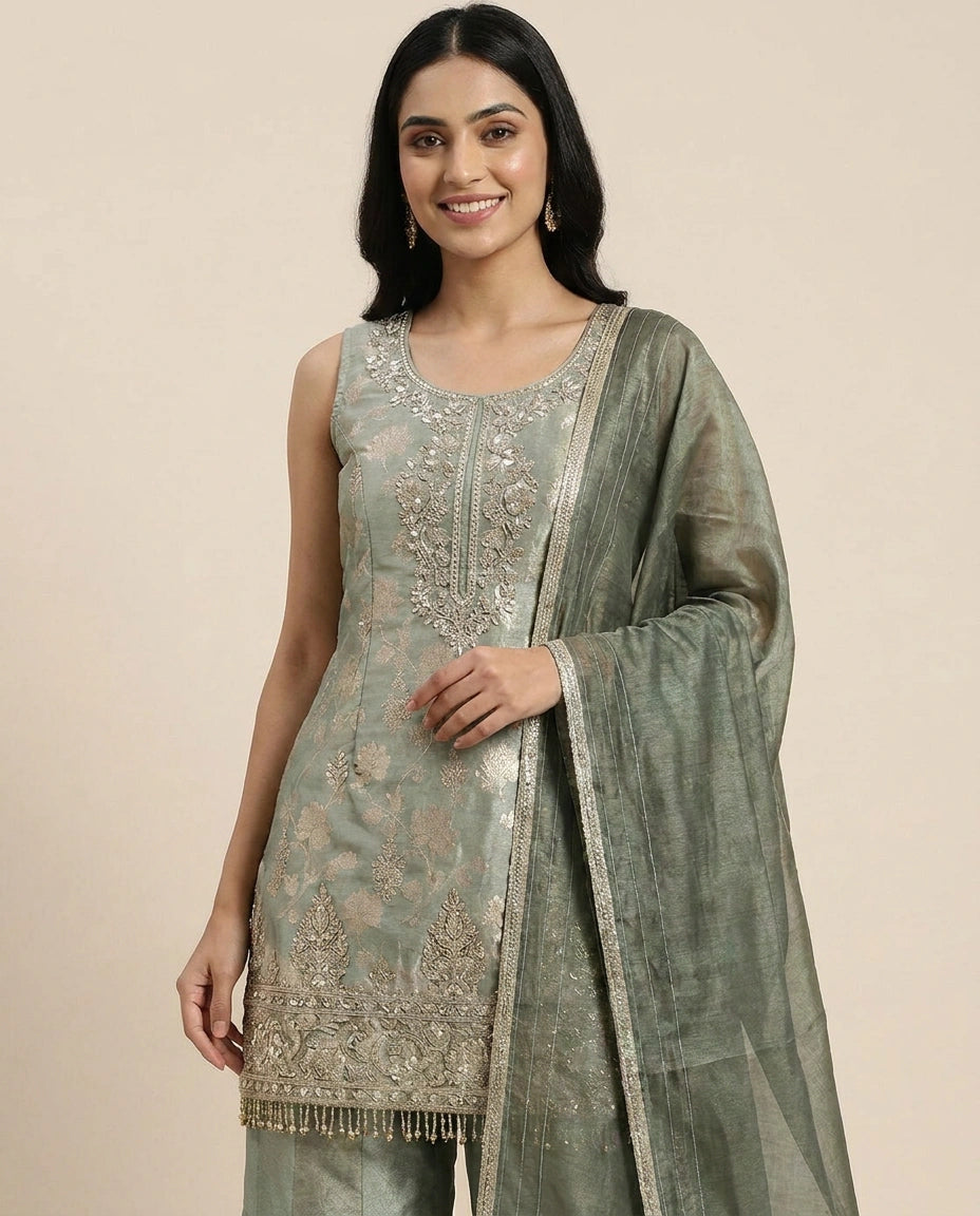 Tissue Sharara Suit with Flared Hem - Rangoli India