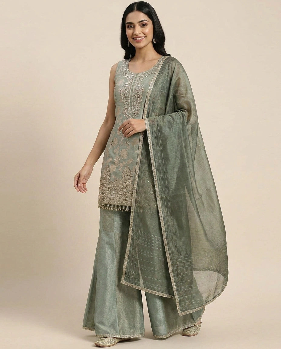 Tissue Sharara Suit with Flared Hem - Rangoli India