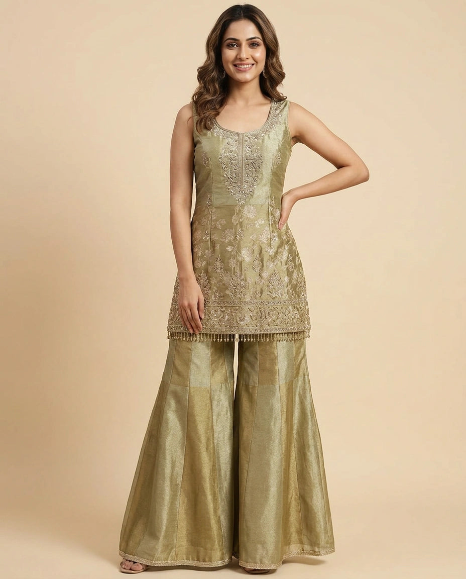 Tissue Sharara Suit with Flared Hem - Rangoli India