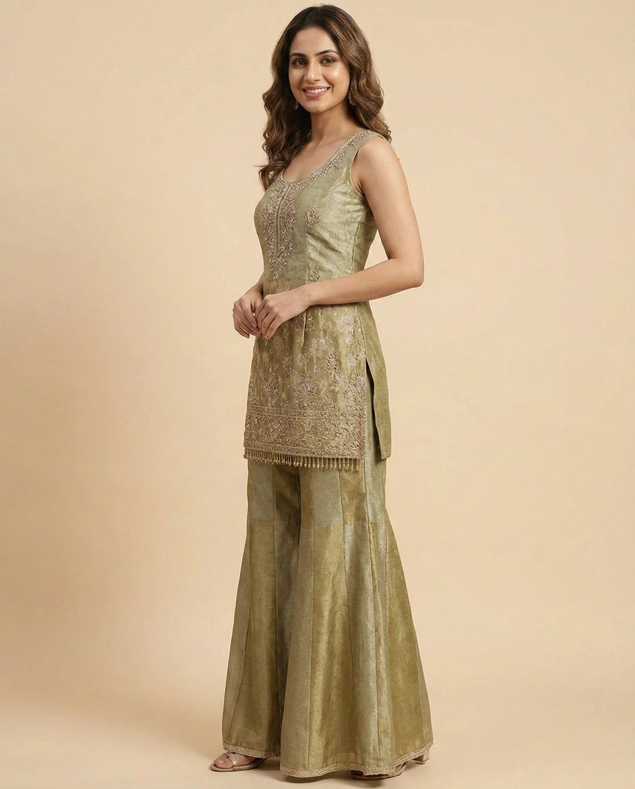 Tissue Sharara Suit with Flared Hem - Rangoli India