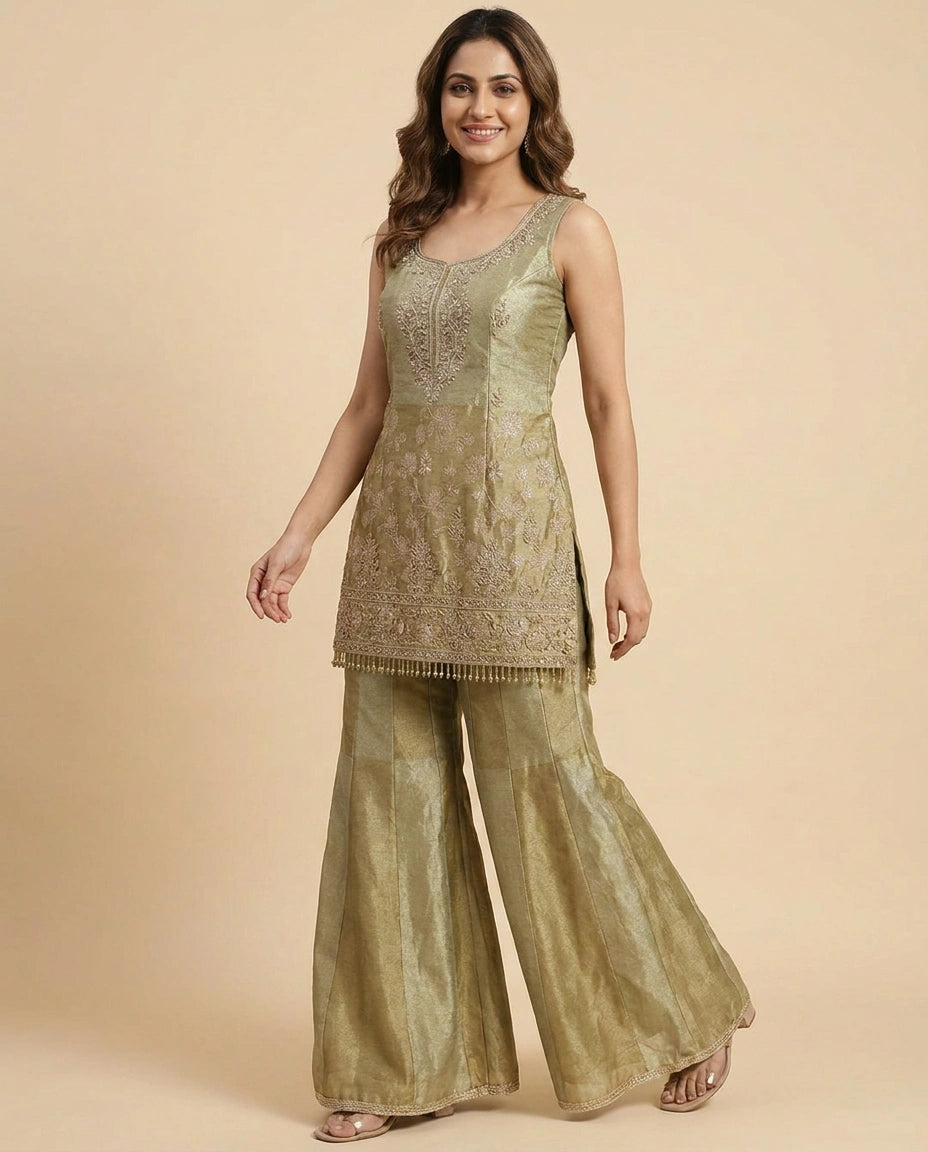 Tissue Sharara Suit with Flared Hem - Rangoli India