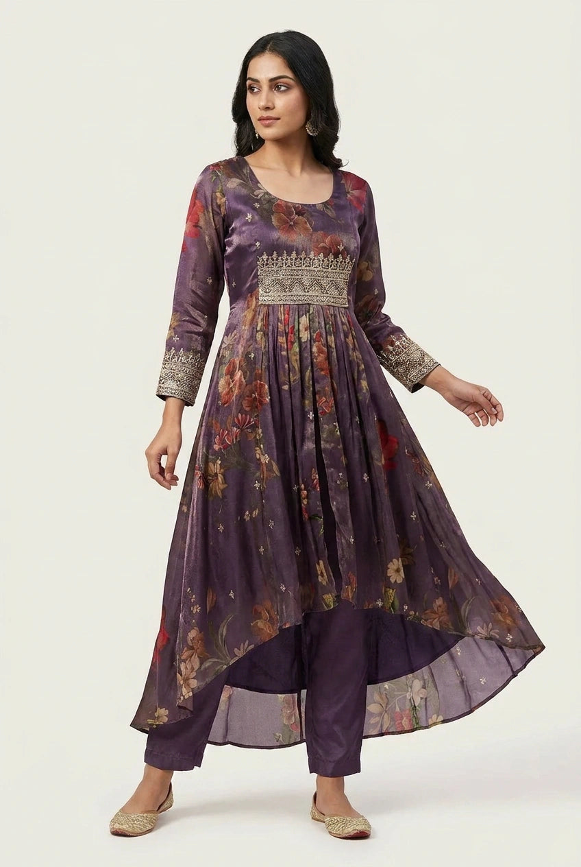 Mauve Tissue A-Line Suit with Hand Detailing for Office Wear