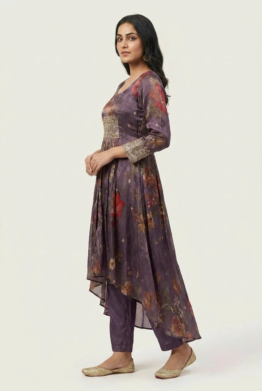Mauve Tissue A-Line Suit with Hand Detailing for Office Wear