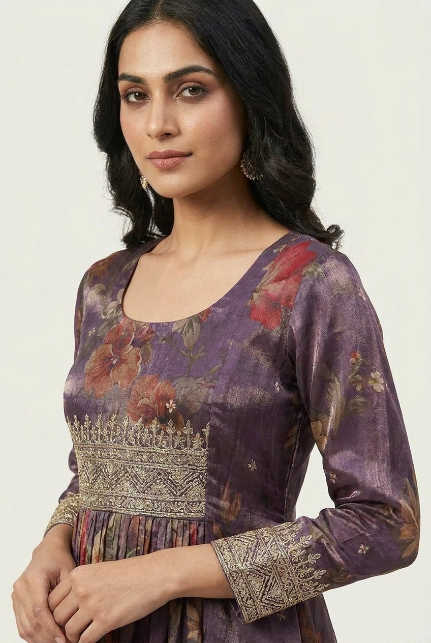 Mauve Tissue A-Line Suit with Hand Detailing for Office Wear