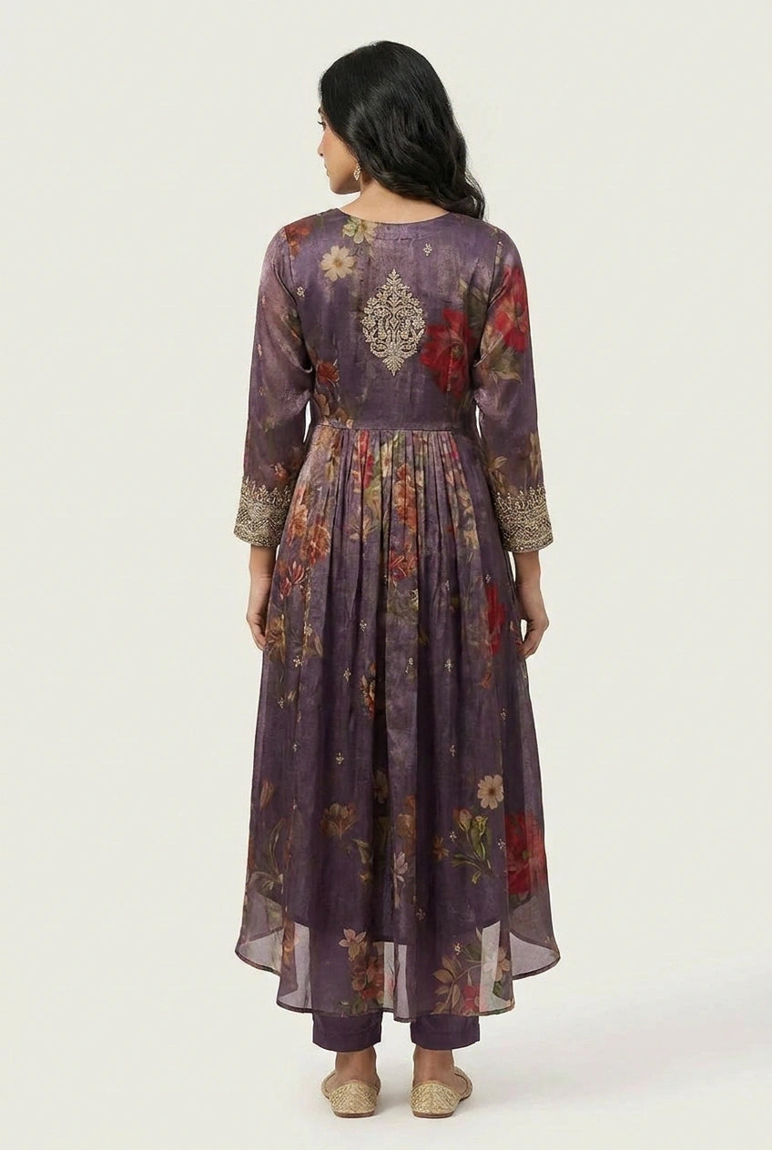 Mauve Tissue A-Line Suit with Hand Detailing for Office Wear