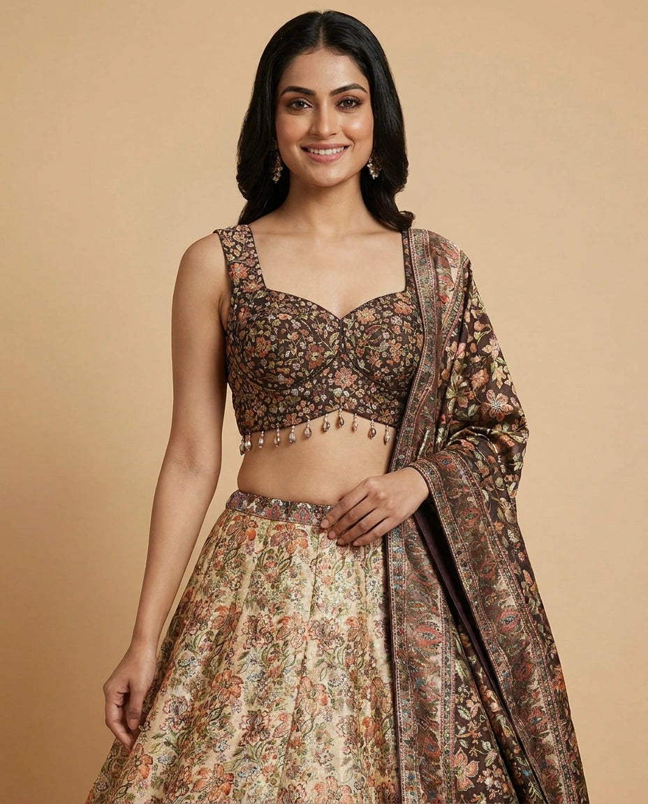 Brown Raw Silk Croptop Lehenga - Rangoli India