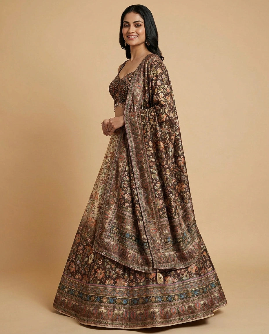 Brown Raw Silk Croptop Lehenga - Rangoli India