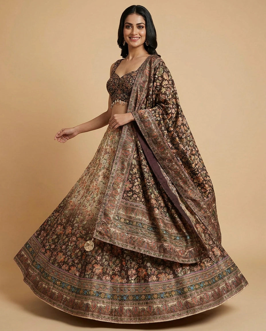 Brown Raw Silk Croptop Lehenga - Rangoli India