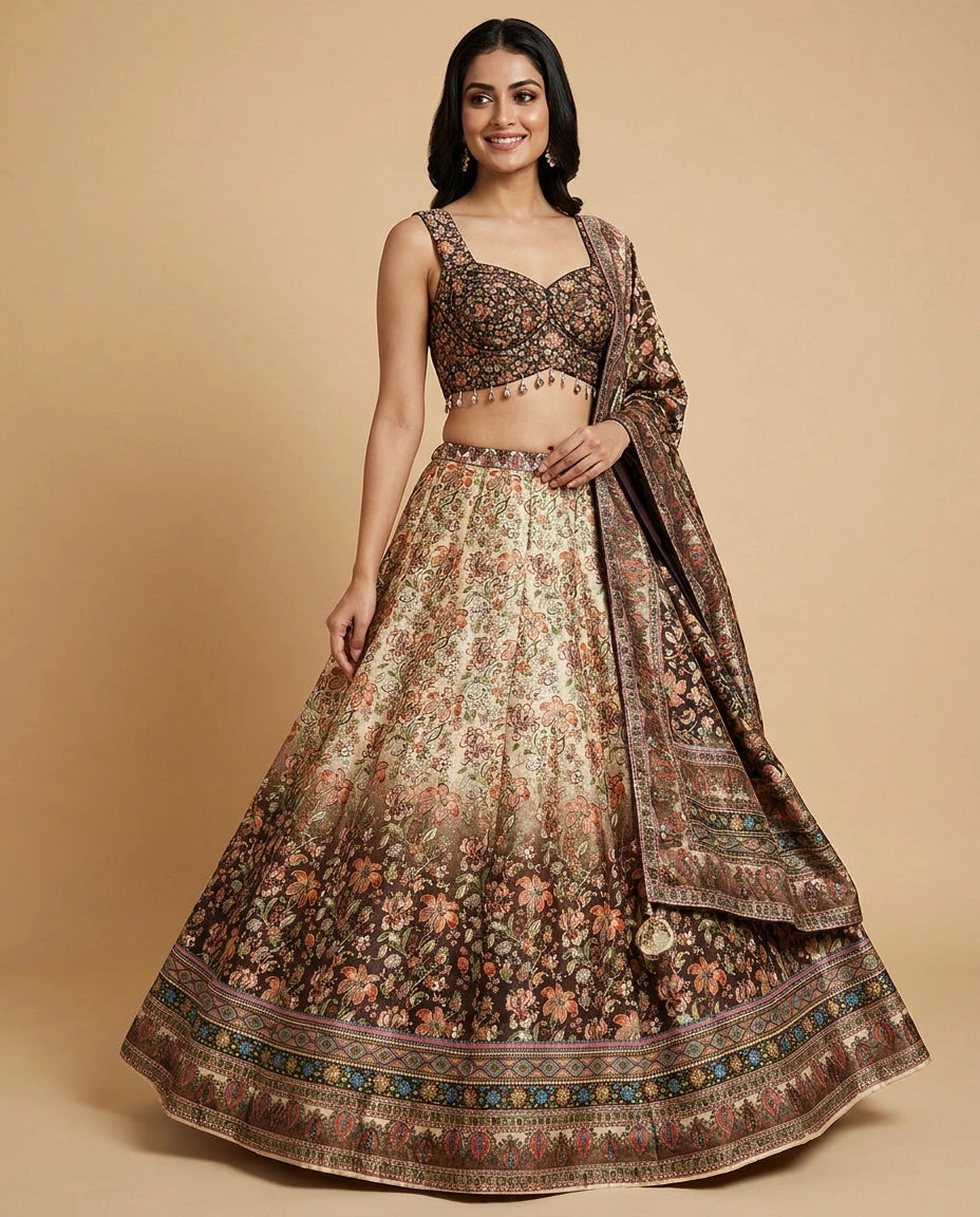 Brown Raw Silk Croptop Lehenga - Rangoli India