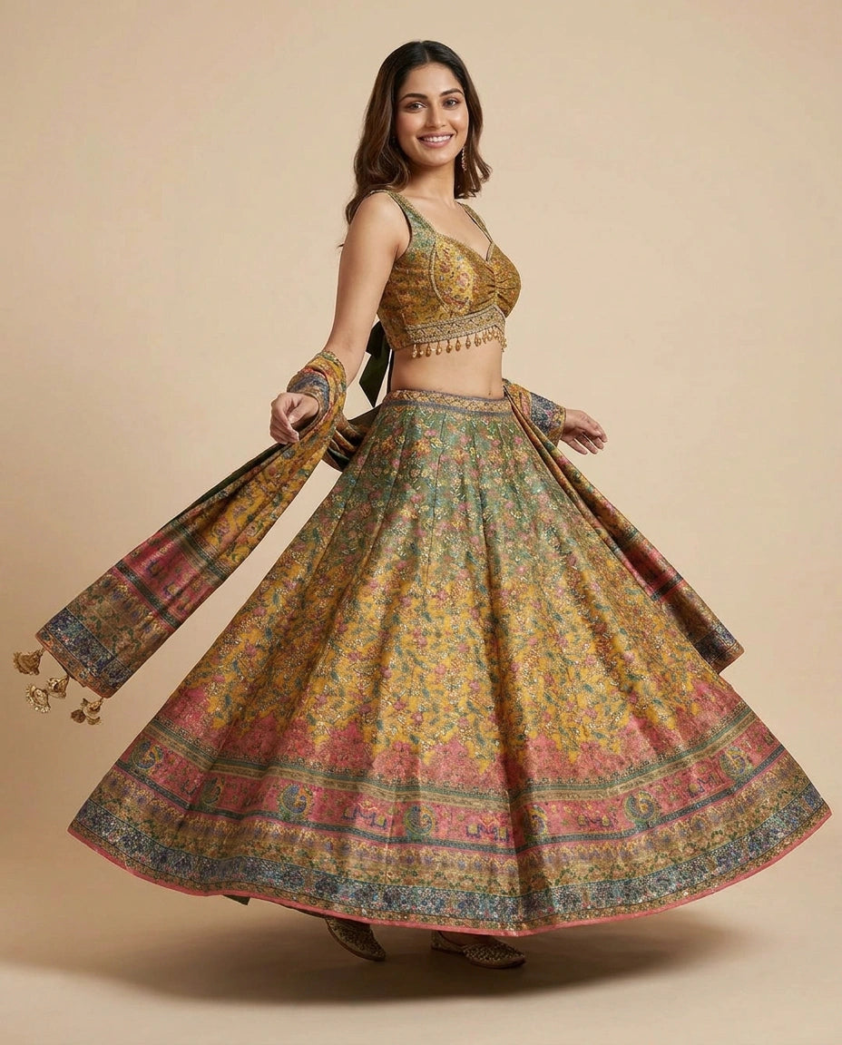 Mustard Croptop Lehenga in Raw Silk - Rangoli India