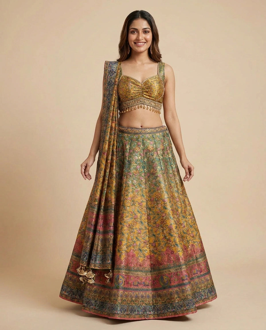 Mustard Croptop Lehenga in Raw Silk - Rangoli India