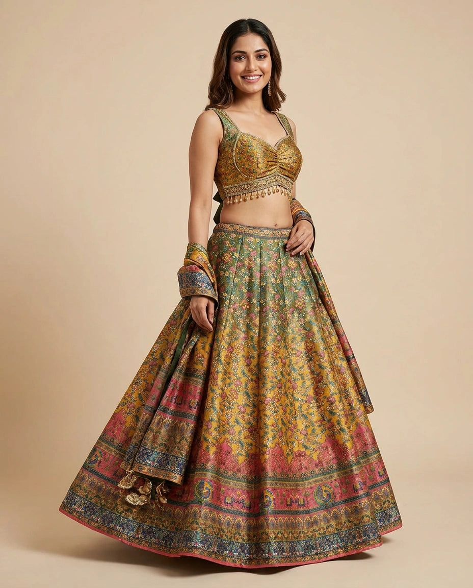 Mustard Croptop Lehenga in Raw Silk - Rangoli India