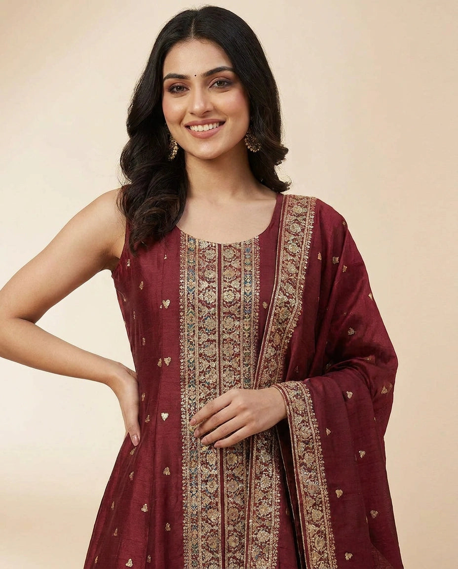 Front Slit Palazzo Suit in Dola Silk - Rangoli India
