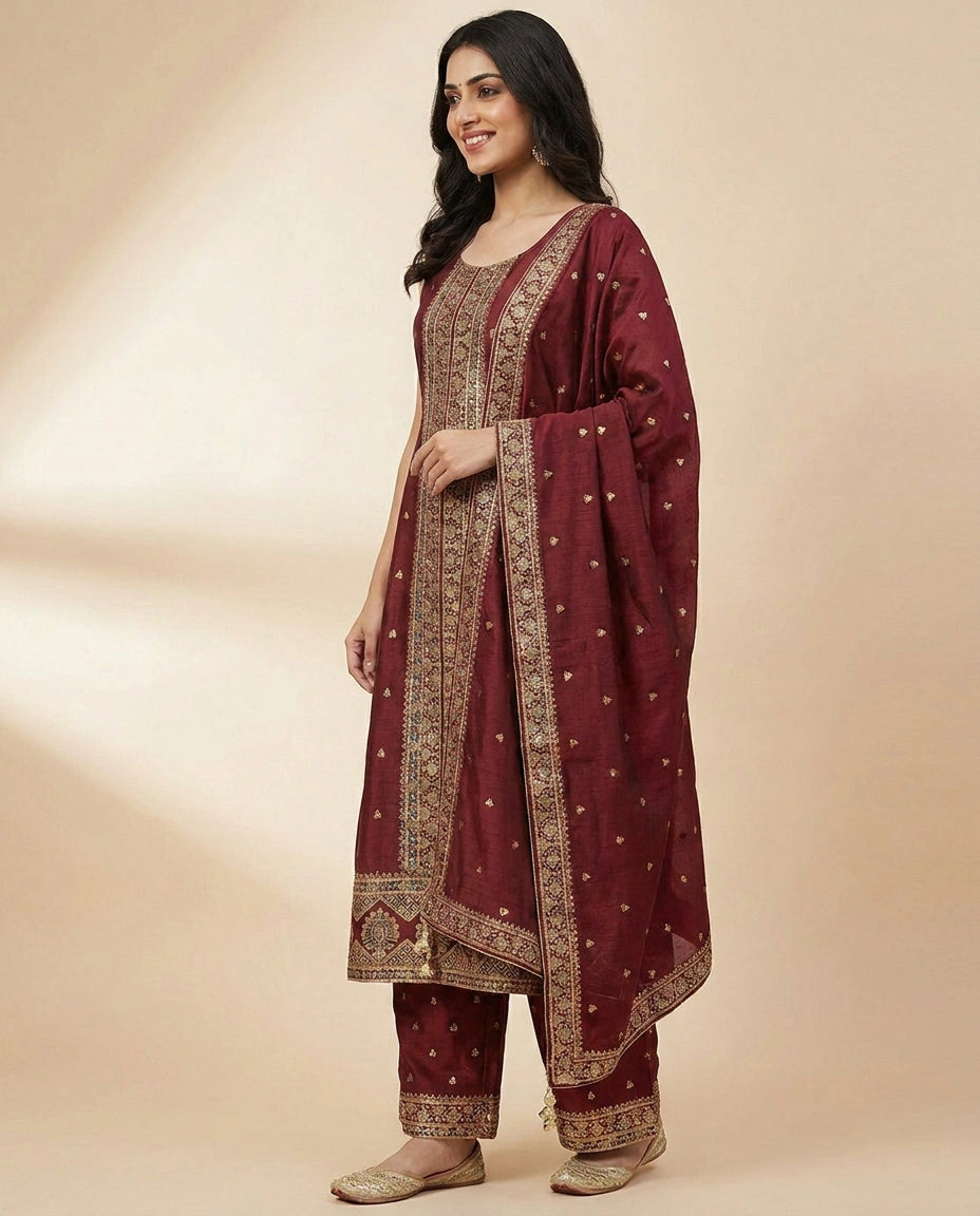 Front Slit Palazzo Suit in Dola Silk - Rangoli India