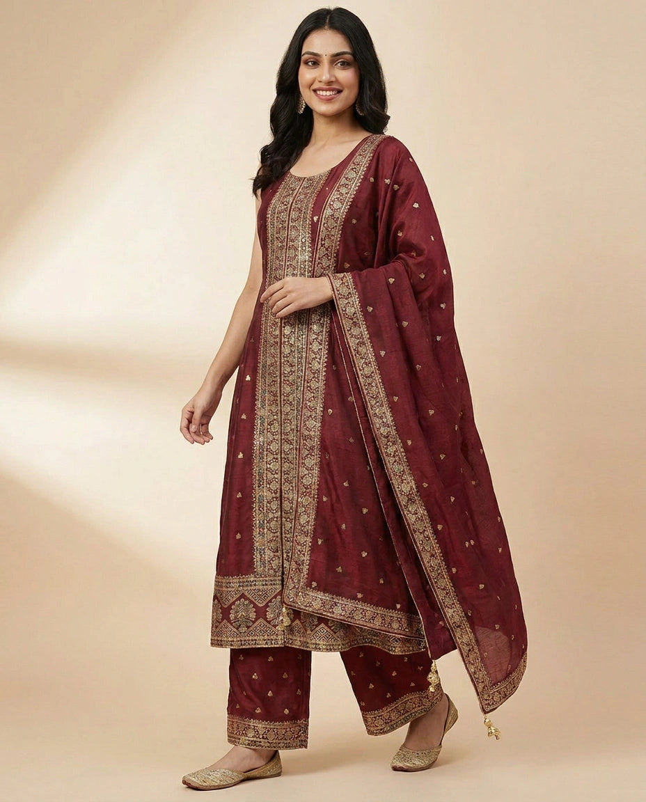 Front Slit Palazzo Suit in Dola Silk - Rangoli India
