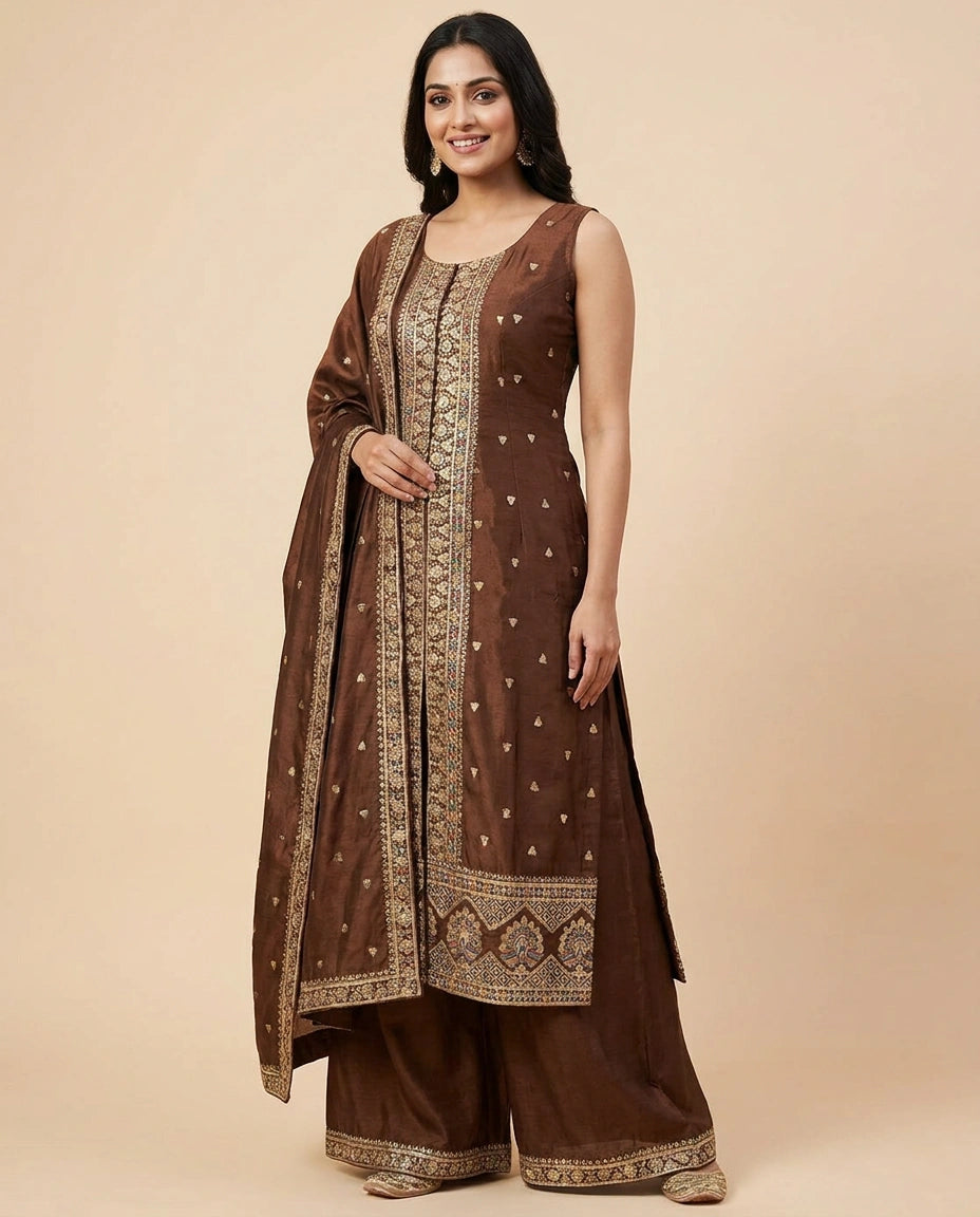 Front Slit Palazzo Suit in Dola Silk - Rangoli India