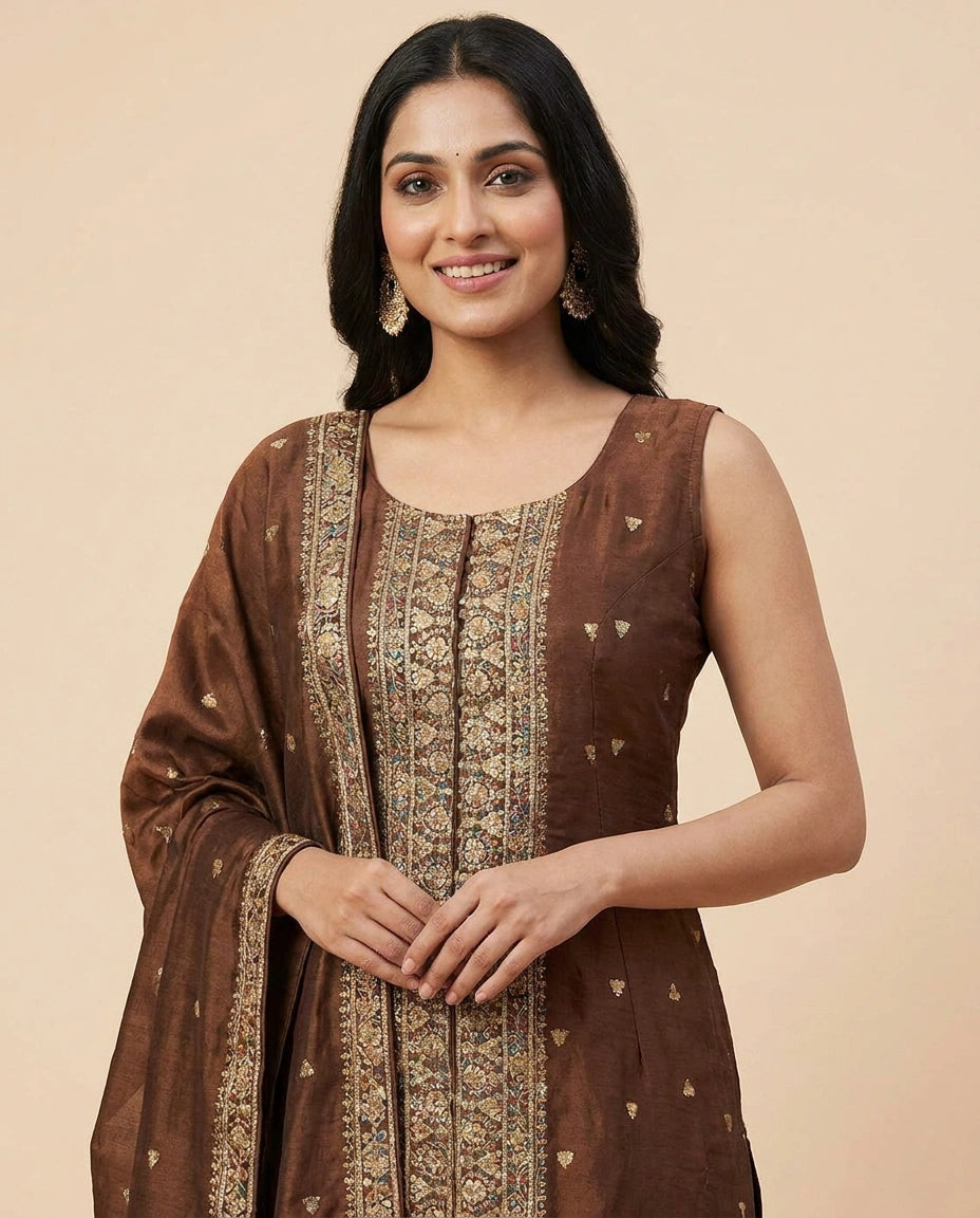 Front Slit Palazzo Suit in Dola Silk - Rangoli India