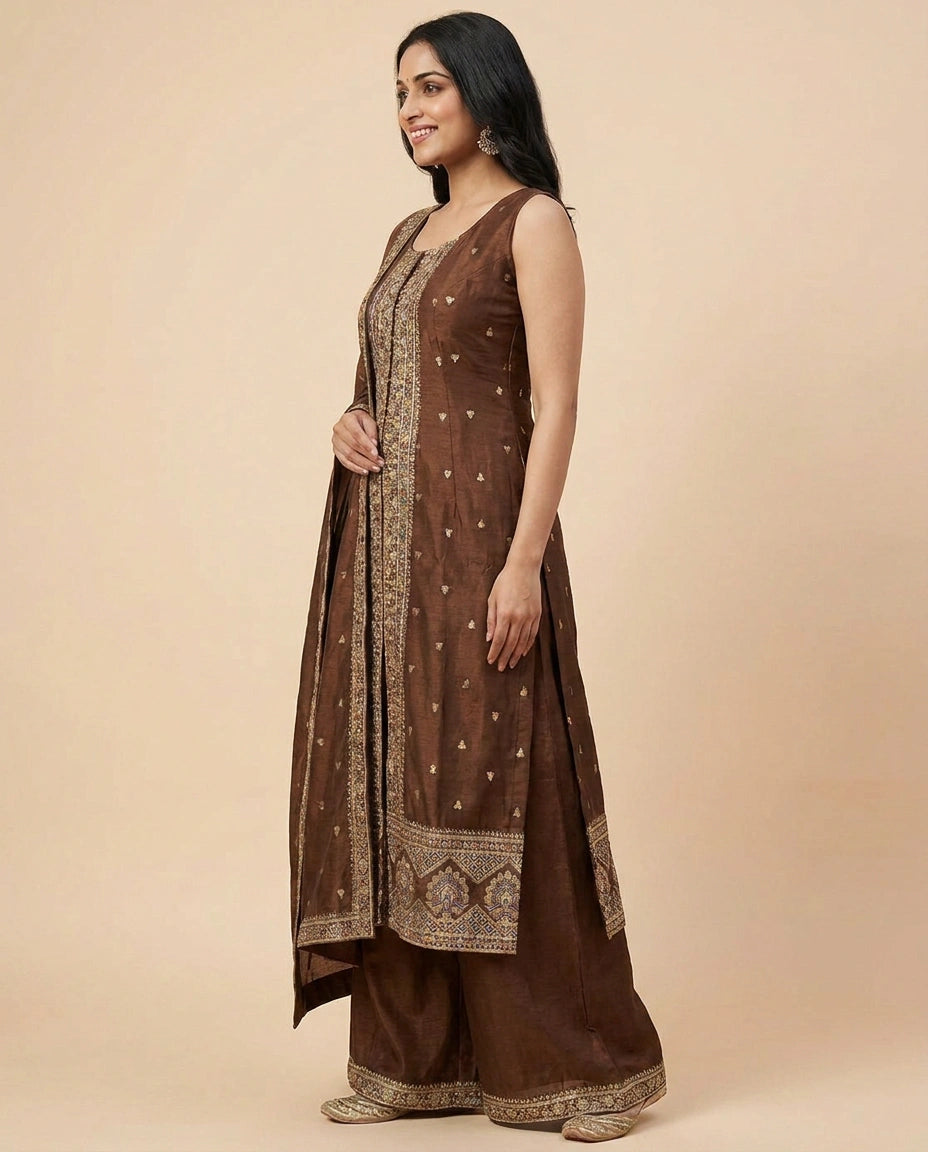 Front Slit Palazzo Suit in Dola Silk - Rangoli India