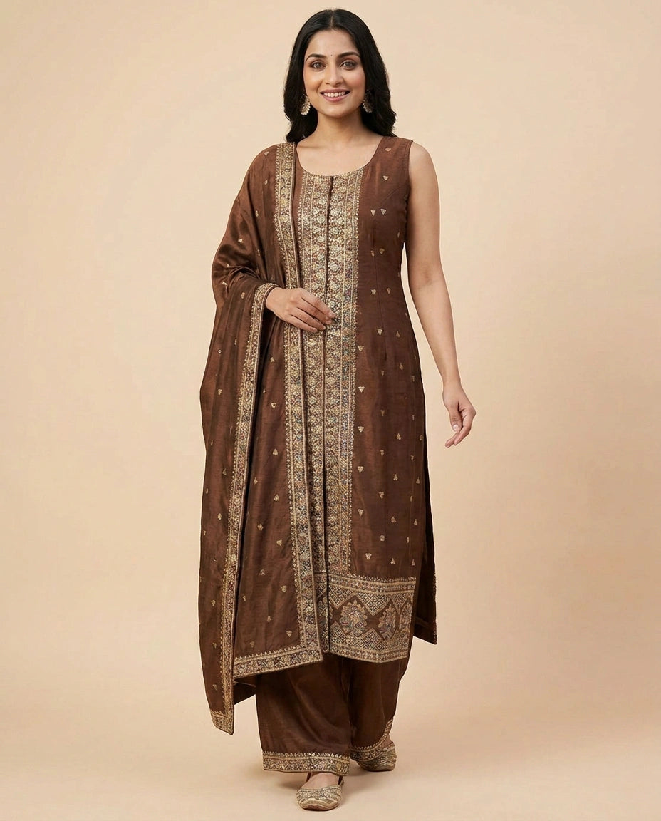 Front Slit Palazzo Suit in Dola Silk - Rangoli India