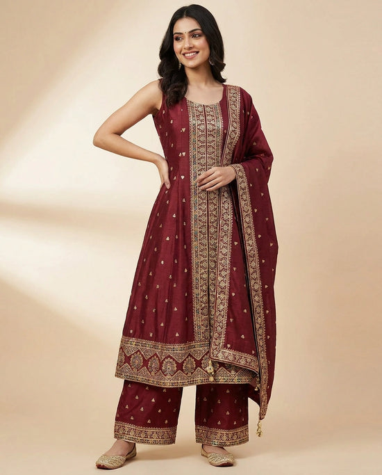 Front Slit Palazzo Suit in Dola Silk - Rangoli India